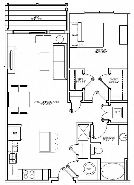 Floor plan for 1 bed, 1 bath, 840 sqft